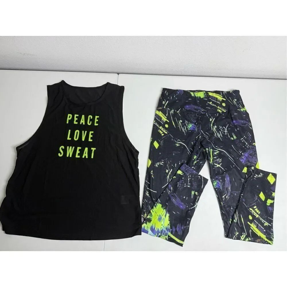 NWOT SHEIN Activewear Set Tank Top Mesh/Leggings Black Neon Green Size 8/10